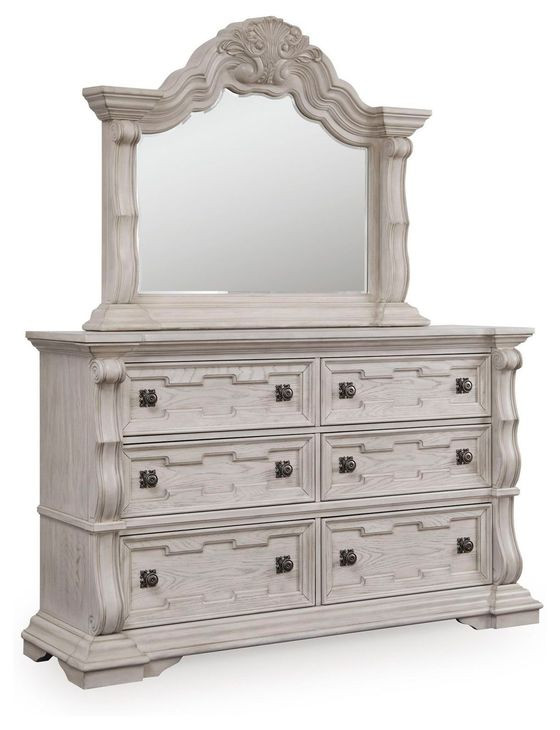 Valleymont Antique White 6 Drawer Dresser and Arched Mirror From