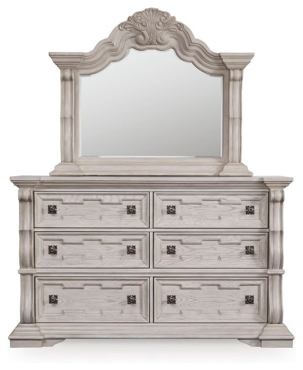 Valleymont Antique White 6 Drawer Dresser and Arched Mirror