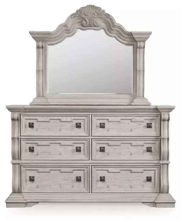 Andonhall Antique White 6 Drawer Dresser and Arched Mirror