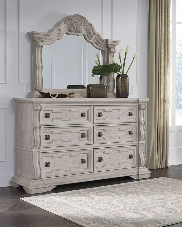 Andonhall Antique White 6 Drawer Dresser and Arched Mirror