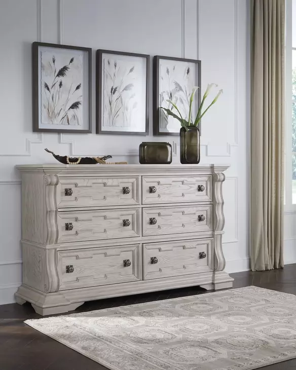 Andonhall Antique White 6 Drawer Dresser and Arched Mirror