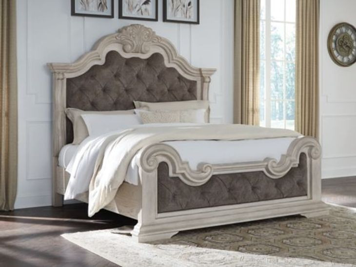 Valleymont Antique White and Gray California King Upholstered Panel Bed