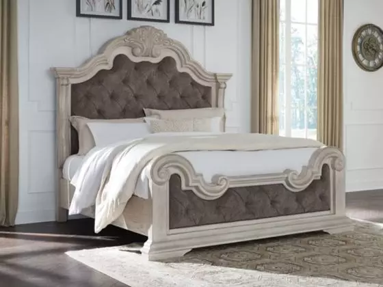 Andonhall Antique White and Gray California King Upholstered Panel Bed
