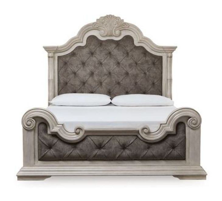 Valleymont Antique White and Gray California King Upholstered Panel Bed