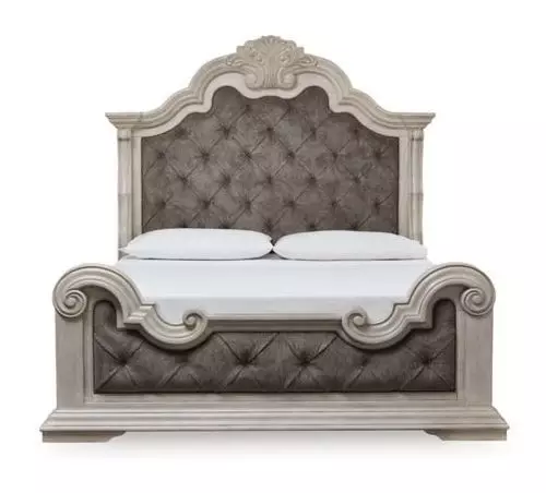 Andonhall Antique White and Gray California King Upholstered Panel Bed