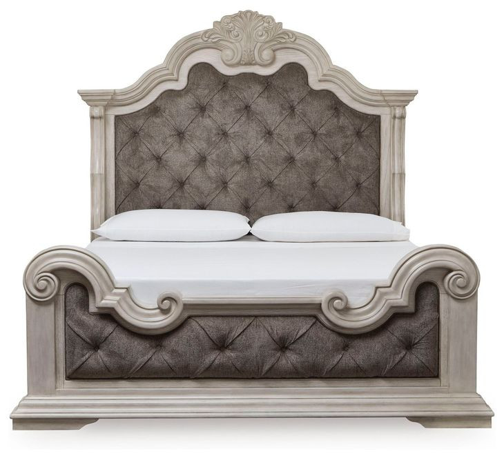 Valleymont Antique White and Gray King Upholstered Panel Bed