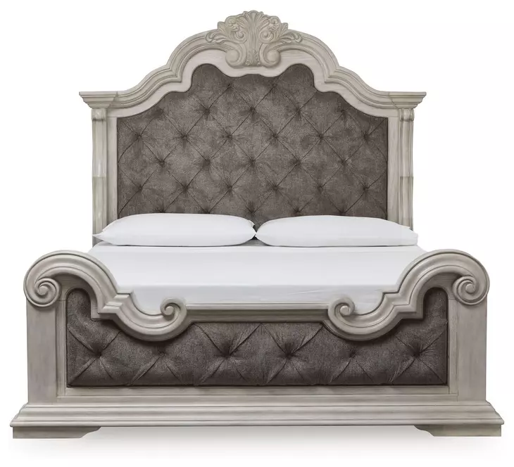 Andonhall Antique White and Gray King Upholstered Panel Bed