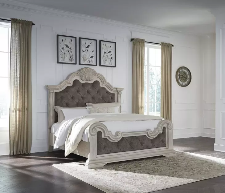 Andonhall Antique White and Gray King Upholstered Panel Bed