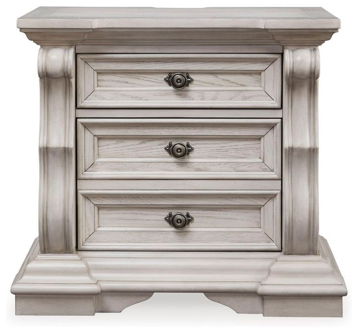 Valleymont Antique White 3 Drawer Nightstand with USB Charging