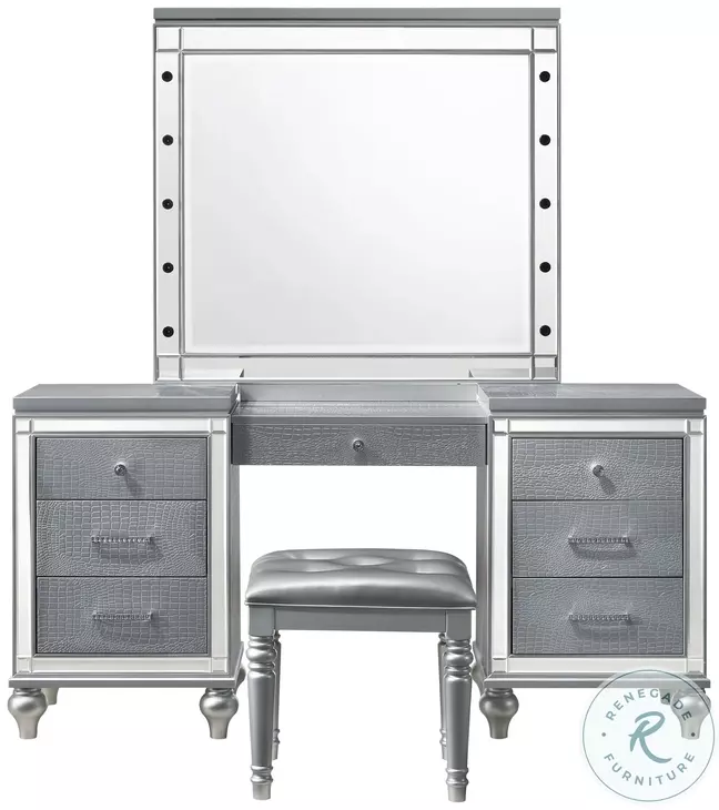 slim fit dress slacks 43" Dressing Table Set With Mirrored Drawers And Stool, Tri Fold Mirror,  Makeup Vanity Set For Bedroom, Silver Silver Solid Wood Mdf