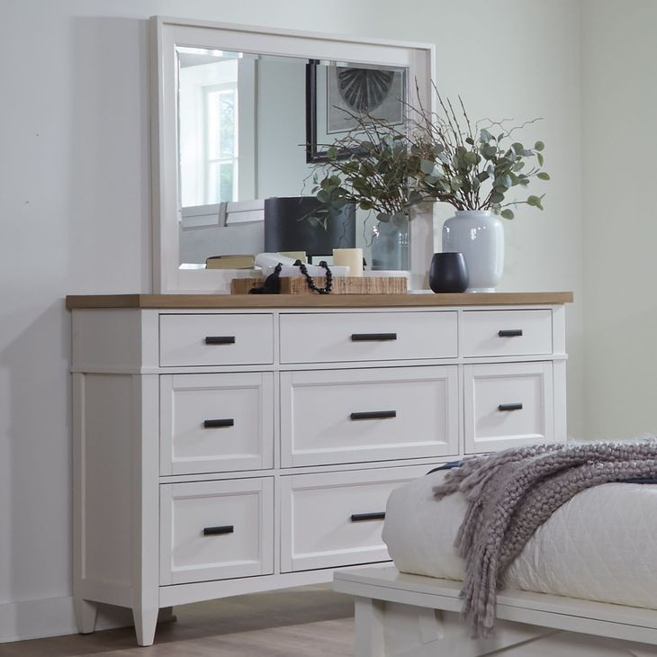 Americana Modern Bedroom Cotton 9 Drawer Dresser With Mirror