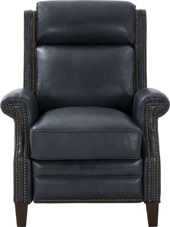 Barrett Barone Navy Blue Leather Lounge Power Recliner with USB Charging and Nailhead Trim