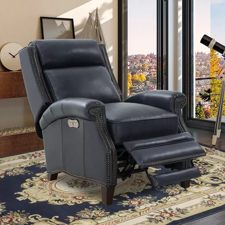 Barrett Barone Navy Blue Leather Lounge Power Recliner with USB Charging and Nailhead Trim