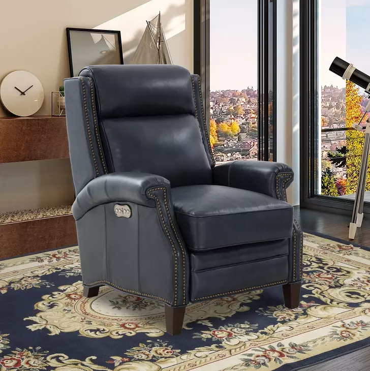 Barrett Barone Navy Blue Leather Lounge Power Recliner with USB Charging and Nailhead Trim
