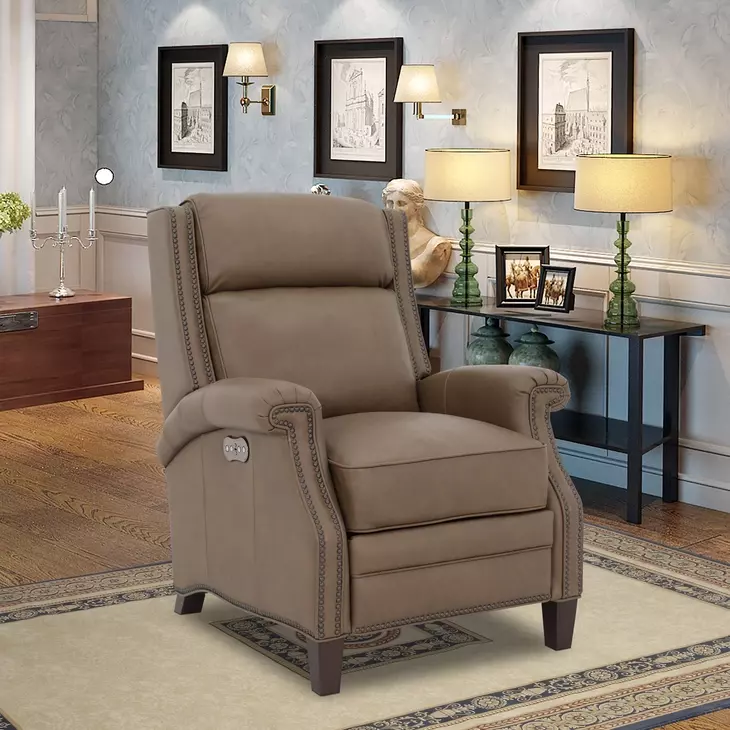 Barrett Cashmere Taupe Leather Lounge Power Recliner with USB Charging and Nailhead Trim