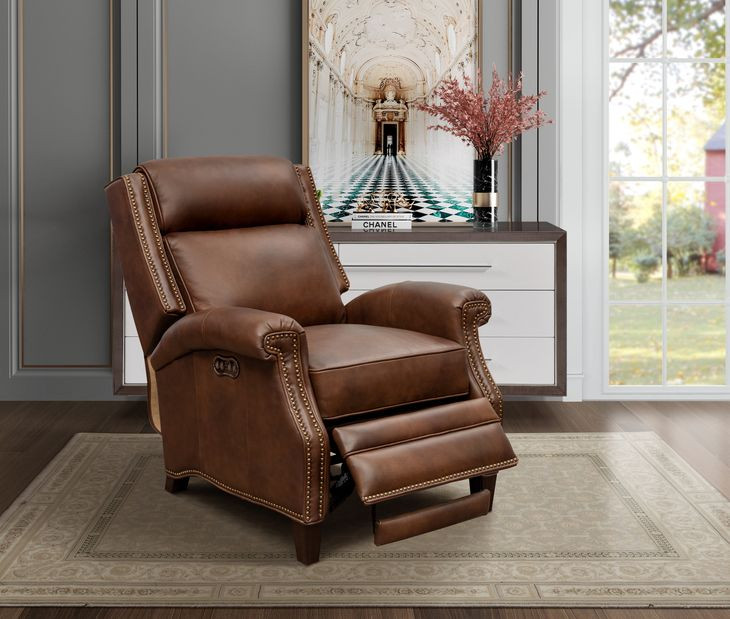Barrett Worthington Cognac Leather Lounge Power Recliner with USB Charging and Nailhead Trim