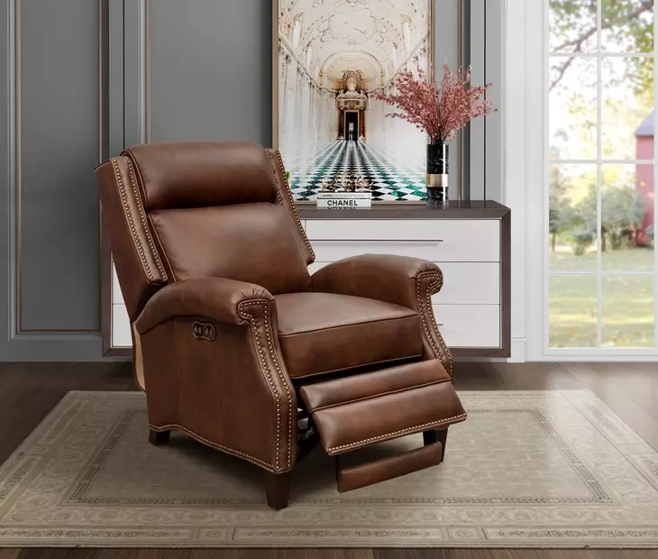 Barrett Worthington Cognac Leather Lounge Power Recliner with USB Charging and Nailhead Trim