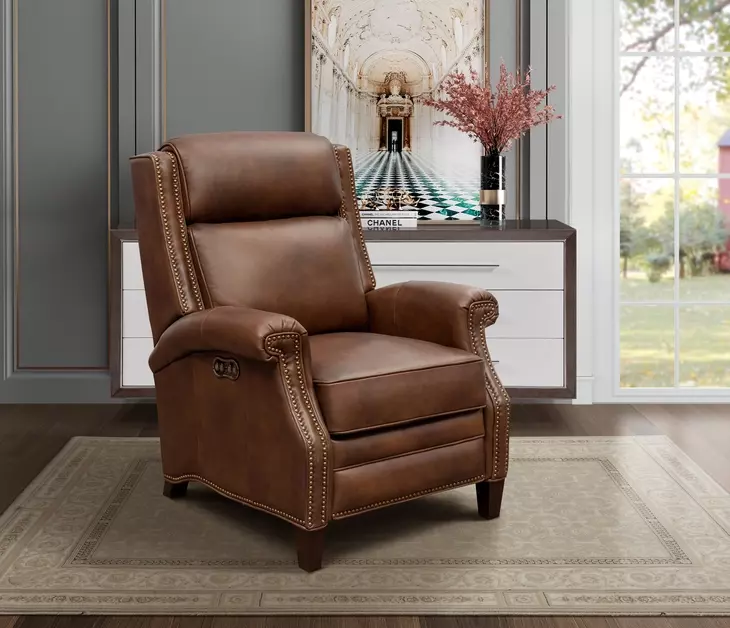 Barrett Worthington Cognac Leather Lounge Power Recliner with USB Charging and Nailhead Trim