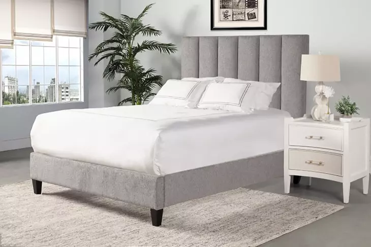 Avery Stream Gray Performance Fabric Queen Upholstered Panel Bed