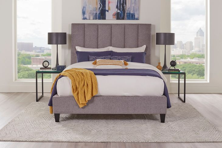 Avery Stream Gray Performance Fabric Queen Upholstered Panel Bed