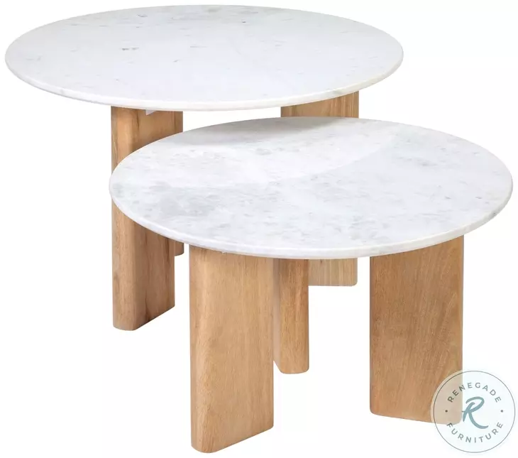 Bry White Marble And Natural Wood Coffee Table Set Of 2