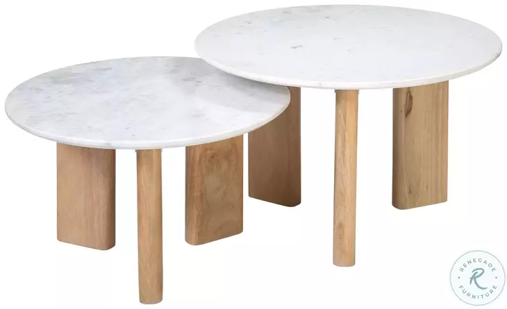 Bry White Marble And Natural Wood Coffee Table Set Of 2