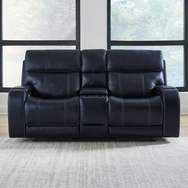 Glenwood Rainer Ocean Leather 78" Lay Flat Power Reclining Console Loveseat with Power Lumbar and USB Charging