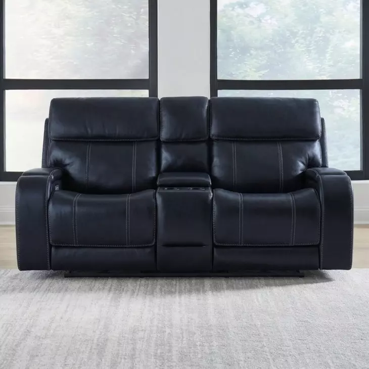 Glenwood Rainer Ocean Leather 78" Lay Flat Power Reclining Console Loveseat with Power Lumbar and USB Charging