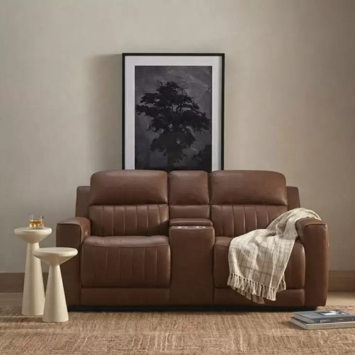 Pierce Homerun Cinnamon Leather 76" Zero Gravity Power Reclining Console Loveseat with Power Lumbar and USB Charging