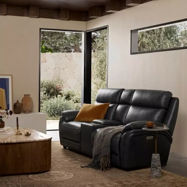 Corry Pretty G Dark Blue Leather 77" Power Reclining Console Loveseat with Power Lumbar and USB Charging