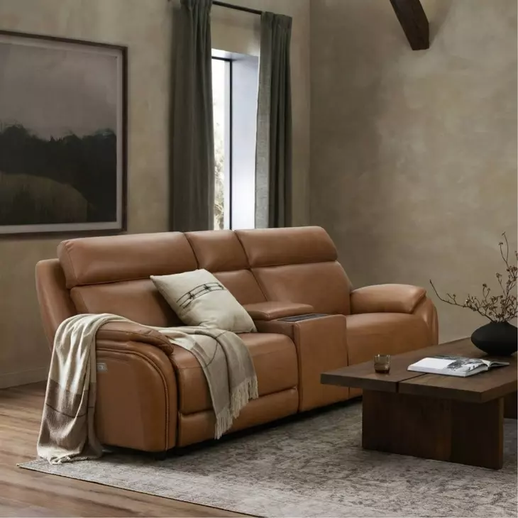 Corry Simon Saddle Leather 77" Power Reclining Console Loveseat with Power Lumbar and USB Charging