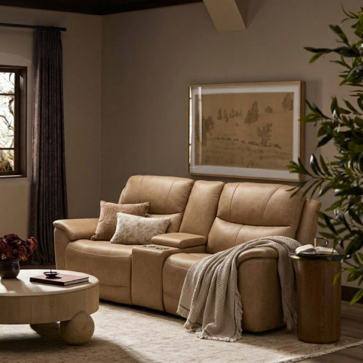 Kaden Elliott Taupe Leather 78" Power Reclining Console Loveseat with Power Lumbar and USB Charging
