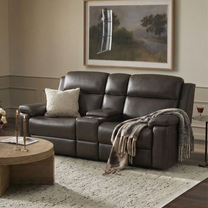 Leon Matteo Smokey Gray Leather 77" Triple Power Reclining Console Loveseat with USB Charging