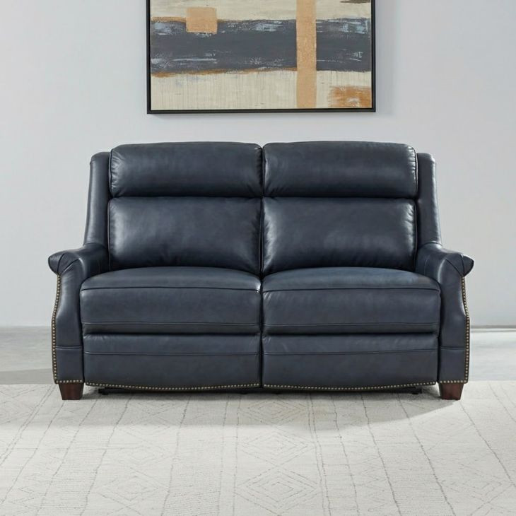 Warrendale Shoreham Blue Leather 60" Power Reclining Loveseat with Nailhead Trim and USB Charging