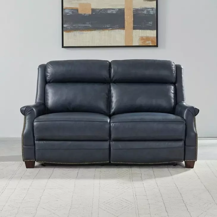 Warrendale Shoreham Blue Leather 60" Power Reclining Loveseat with Nailhead Trim and USB Charging