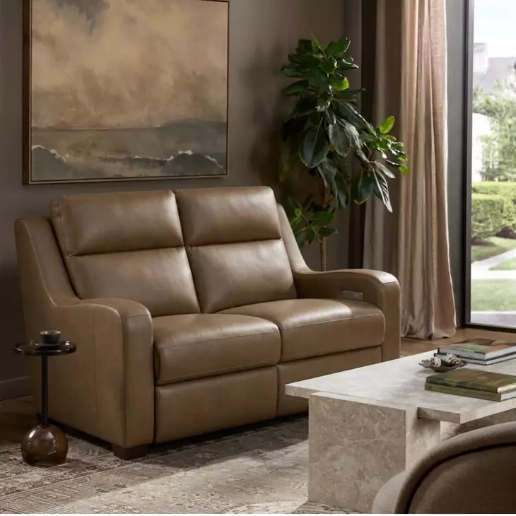 Ayden Hillwood Toffee Leather 60" Power Reclining Loveseat with Power Lumbar and USB Charging