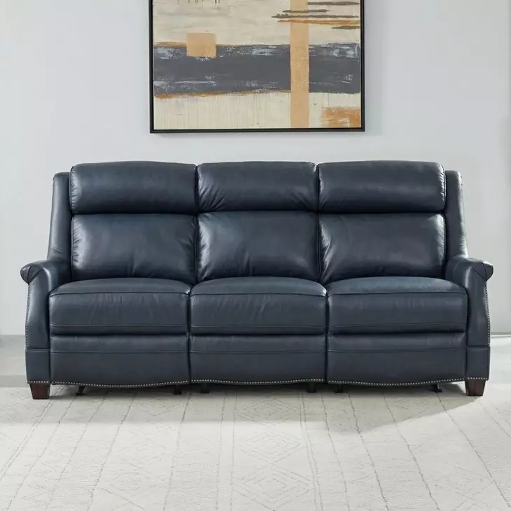 Warrendale Shoreham Blue Leather 83" Power Reclining Sofa with Nailhead Trim and USB Charging