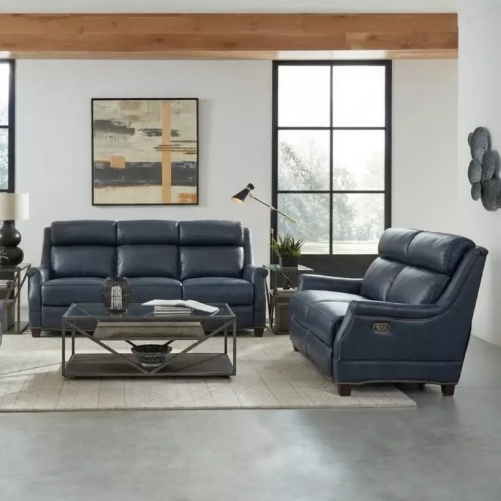 Warrendale Shoreham Blue Leather 83" Power Reclining Sofa with Nailhead Trim and USB Charging