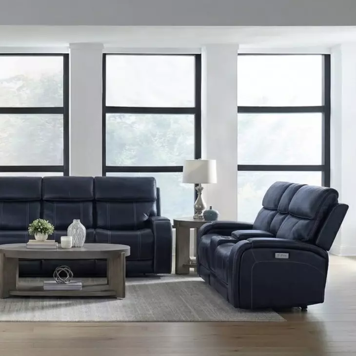 Glenwood Rainer Ocean Leather 78" Lay Flat Power Reclining Console Loveseat with Power Lumbar and USB Charging