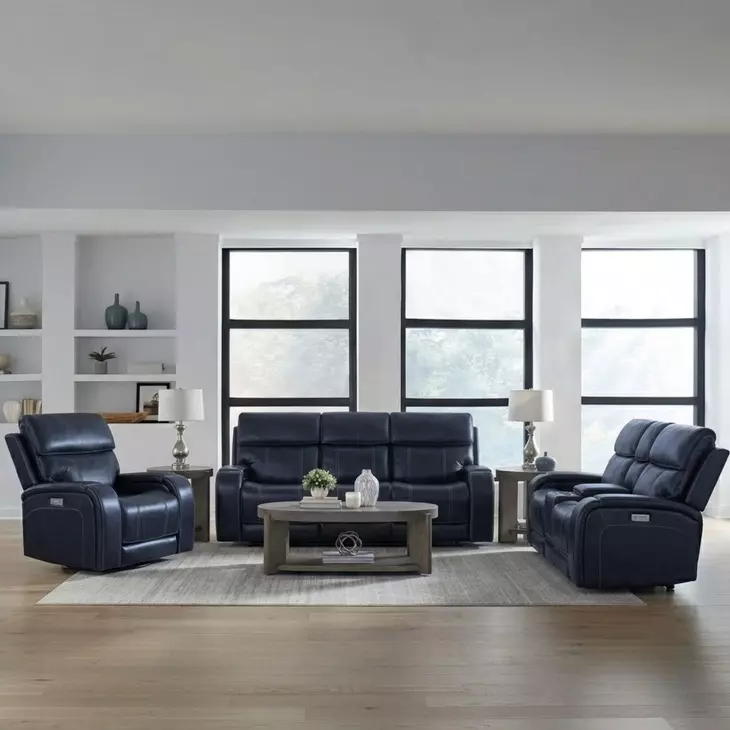 Glenwood Rainer Ocean Leather Lay Flat Power Reclining Living Room Set with USB Charging