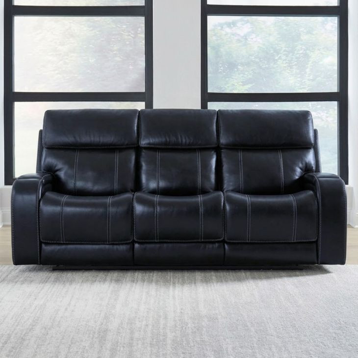 Glenwood Rainer Ocean Leather 88" Lay Flat Power Reclining Sofa with Power Lumbar and USB Charging