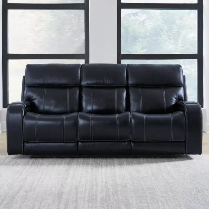 Glenwood Rainer Ocean Leather 88" Lay Flat Power Reclining Sofa with Power Lumbar and USB Charging