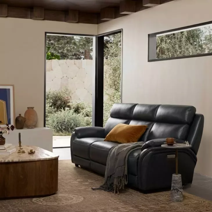 Corry Pretty G Dark Blue Leather 87" Power Reclining Sofa with Power Lumbar and USB Charging