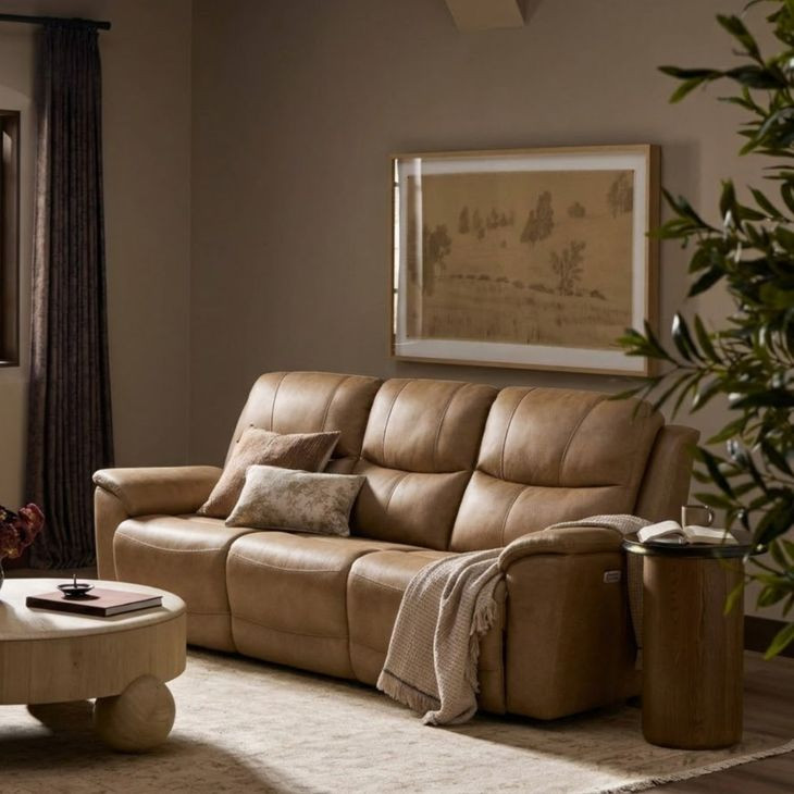 Kaden Elliott Taupe Leather 88" Power Reclining Sofa with Power Lumbar and USB Charging