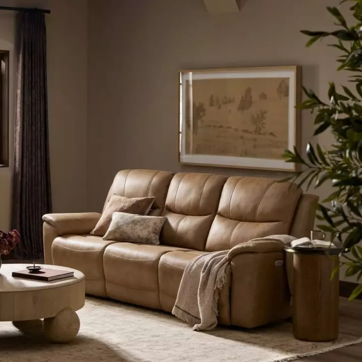 Kaden Elliott Taupe Leather 88" Power Reclining Sofa with Power Lumbar and USB Charging