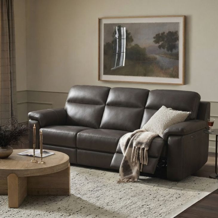 Leon Matteo Smokey Gray Leather 87" Triple Power Reclining Sofa with USB Charging and LED