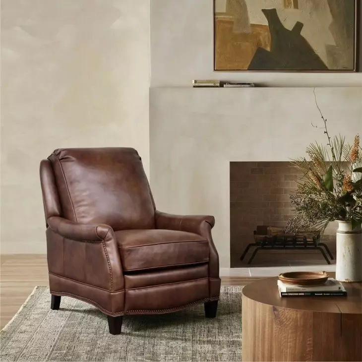 Ashebrooke Wenlock Tawny Leather Push Thru The Arms Recliner with Nailhead Trim