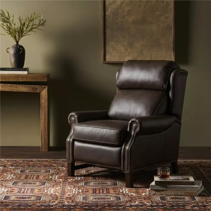Thornfield Ashford Walnut Leather Push Thru The Arms Recliner with Nailhead Trim