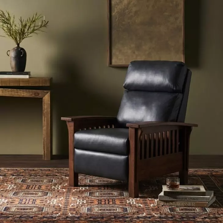 Mission Shoreham Blue Leather Push Thru The Arms Recliner