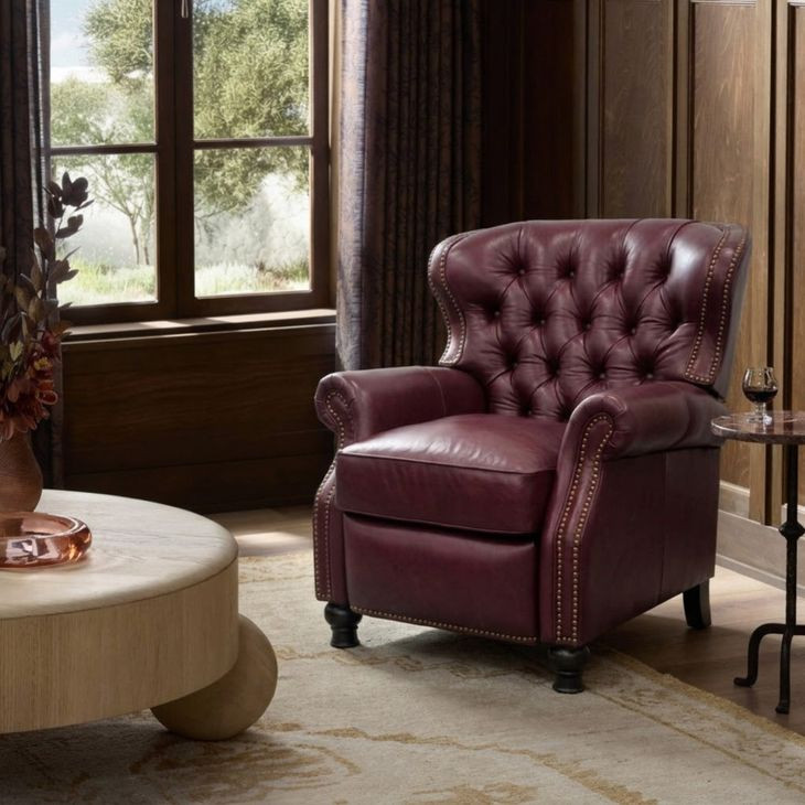 Presidential Shoreham Wine Leather Push Thru The Arms Recliner with Nailhead Trim
